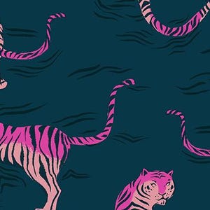May include: A fabric pattern with pink and black striped tigers on a dark teal background. The tigers are depicted in different poses, some walking and others partially visible. The text "RUBY STAR SOCIETY" is at the bottom.