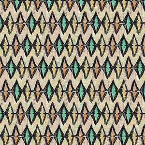May include: A fabric swatch featuring a repeating pattern of black, teal and orange diamond shapes on a cream background. The fabric has a textured, hand-painted look.