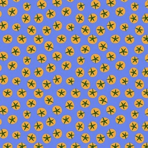 May include: A blue fabric with a repeating pattern of yellow circles, each containing a green star-like design. The fabric has a playful, whimsical aesthetic, suitable for various craft projects or apparel.