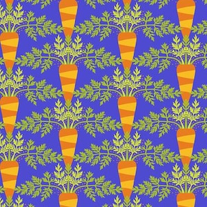May include: A repeating pattern featuring orange carrots with green leafy tops set against a blue backdrop. The carrots display diagonal orange stripes. The leaves are a light green hue. The design is a repeating pattern of the same carrot image.