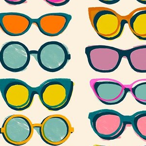 May include: A pattern of colorful sunglasses in various shapes and styles. The sunglasses feature bold colors like orange, yellow, teal, pink, and blue. The text "RUBY STAR SOCIETY" is at the bottom of the image.