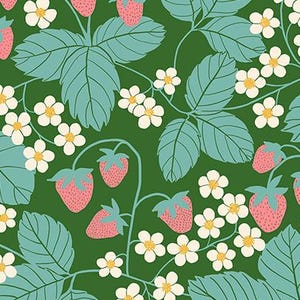 Peut inclure: Un motif de tissu avec un design répétitif de fraises roses, de fleurs blanches et de feuilles turquoise sur un fond vert foncé. Le texte "RUBY STAR SOCIETY" est imprimé en bas.