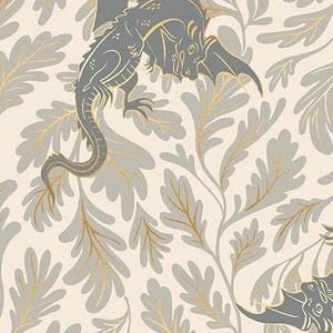 May include: Fabric with a repeating pattern of gray dragons and gold-toned oak leaves on a cream background. The dragons have detailed wings and long tails. The text "RUBY STAR SOCIETY" is at the bottom.
