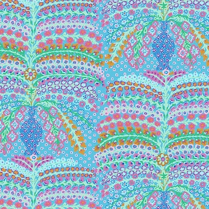 May include: A light blue fabric featuring a repeating pattern of stylized floral arrangements in vases, rendered in pink, orange, green, and white. A white measuring tape at the bottom shows the fabric width spans 24 inches in total length.