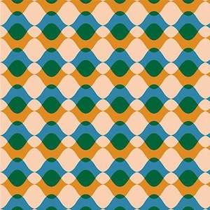 May include: A seamless pattern featuring a repeating geometric design of overlapping waves in shades of orange, peach, teal, and green.