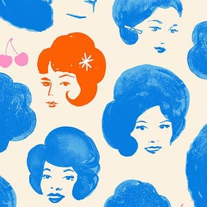 Peut inclure: Tissu crème avec un motif répété de visages de femmes stylisés bleus et oranges. Certains visages ont une fleur ou une cerise. Le texte "RUBY STAR SOCIETY" est en bas.