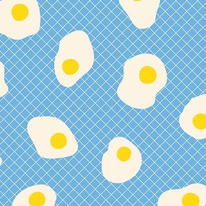 May include: A fabric featuring a repeating pattern of fried eggs against a light blue backdrop with a white grid. The eggs have yellow yolks and off-white whites. The bottom of the image has text that reads "RUBY STAR SOCIETY".