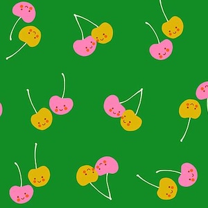 May include: Green fabric with a repeating pattern of cartoon cherries. The cherries are pink and yellow with smiling faces and white stems. The text "RUBY STAR SOCIETY" is at the bottom.