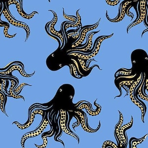 May include: A repeating pattern of black octopuses with gold-colored tentacles on a light blue background. The octopuses are stylized with rounded bodies and detailed tentacles. The fabric is from Ruby Star Society.