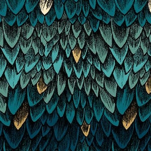 May include: A fabric pattern featuring overlapping teal, dark blue, and black feather-like shapes with scattered gold accents. A black ruler at the bottom shows measurements in inches, with the text Ruby Star Society printed repeatedly along the edge.