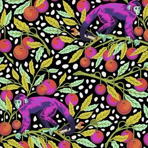 May include: A black background with a repeating pattern of pink monkeys, red cherries, and white polka dots. The monkeys are holding a wrench and are climbing on branches.