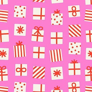 May include: A repeating pattern of white gift boxes with red accents on a bright pink background. The gifts feature various designs, including stripes, polka dots, bows, and asterisks. The fabric is from Ruby Star Society.