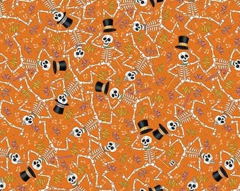 Spooky Cute Halloween Dancing Skeletons Orange PWMY008, Mary Engelbreit for Free Spirit Fabric, 100% Cotton, FS407-B