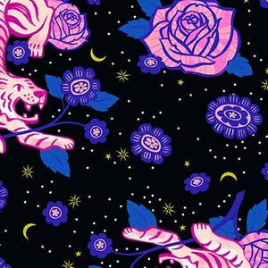 May include: Black fabric with a repeating pattern of pink and white tigers, pink roses, blue flowers, yellow stars, and crescent moons. The text "RUBY STAR SOCIETY" is at the bottom. The design has a whimsical, celestial theme.