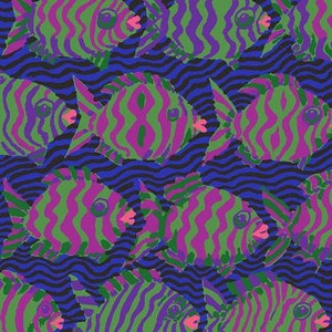 May include: A repeating pattern of green, purple, and black fish on a blue background. The fish have a striped pattern and are swimming in a wavy pattern.