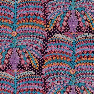May include: A fabric print featuring repeating patterns of purple vases filled with cascading floral arrangements in shades of pink, orange, and teal against a dark navy background with white dots. A ruler at the bottom shows 24 inches.
