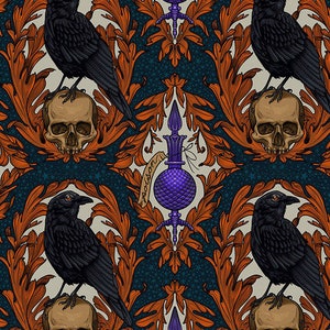 Mystic Moonlight Crow Damask, PWRH087 Multi, Rachel Hauer for Free Spirit Fabric, Skull, 100% Cotton Fabric, #2805