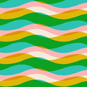 May include: Fabric with a repeating wave pattern in shades of green, teal, pink, and gold. The design is layered, creating a sense of depth and movement. The text "RUBY STAR SOCIETY" is printed at the bottom.