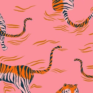 May include: A pink fabric with a repeating tiger pattern. The tigers are orange and navy blue striped, with a white underbelly. The background has orange wavy lines. The text "RUBY STAR SOCIETY" is at the bottom.