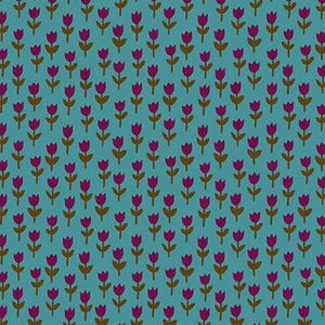 May include: A teal fabric with a repeating pattern of stylized purple tulip flowers with brown stems and leaves. The text "RUBY STAR SOCIETY" is at the bottom of the image.