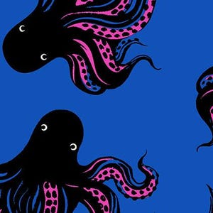 May include: A vibrant blue fabric featuring a repeating pattern of black octopuses with pink and blue tentacles. The octopuses have white crescent-shaped eyes. The text "RUBY STAR SOCIETY" is at the bottom.
