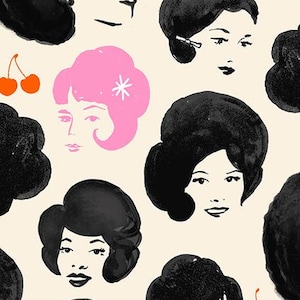 Peut inclure: Tissu crème avec un motif répété de visages de femmes aux cheveux noirs, une femme aux cheveux roses et des cerises oranges. Le texte "RUBY STAR SOCIETY" est imprimé en bas.