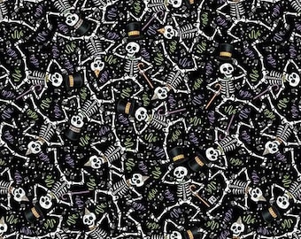 Spooky Cute Halloween Dancing Skeletons Black PWMY008, Mary Engelbreit for Free Spirit Fabric, 100% Cotton, FS16-T