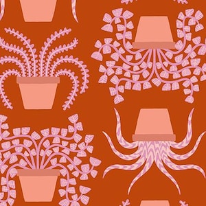 May include: A fabric pattern featuring light pink potted plants on a rust orange background. The design includes various foliage styles and a black selvage edge with the text RUBY STAR SOCIETY and a ruler measuring up to 7 inches.