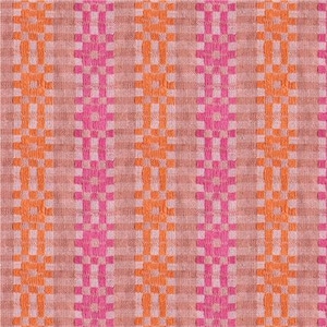Peut inclure: Un tissu tissé présentant des rayures verticales dans des tons alternés de rose clair, orange vif et rose fuchsia avec un motif à carreaux. Une règle noire en bas indique les mesures en pouces, avec le texte Ruby Star Society imprimé.