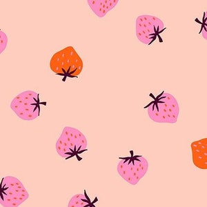 May include: A pink and peach fabric with a repeating pattern of pink and orange strawberries. The strawberries are stylized and have a simple design.