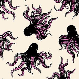 May include: Cream-colored fabric with a repeating pattern of black octopuses with pink tentacles. The tentacles have pink polka dots. The text "RUBY STAR SOCIETY" is at the bottom of the image.
