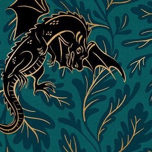 May include: Teal fabric with a black dragon and gold leaf design. The dragon is outlined in gold and has large wings. The fabric has a textured appearance and is suitable for quilting or crafting projects.