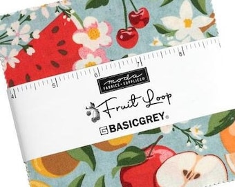 Moda Fruit Loop Fabric Charm Pack, 5" Squares, BasicGrey Fabric, Fruit Florals, 30730PP, SQ53