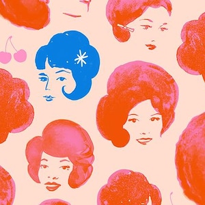 May include: A repeating pattern of stylized female faces in pink, orange, and blue on a light peach background. Some faces have starburst accents. The text "RUBY STAR SOCIETY" is at the bottom.