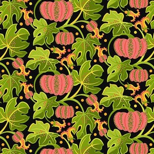 May include: A repeating pattern featuring pink pumpkins, green leaves, and yellow floral accents on a black background. The pumpkins have vertical lines and small green dots. The leaves have yellow veins and edges. A fall-themed design.
