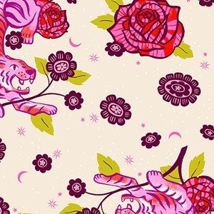 May include: A fabric pattern with pink tigers, red roses, and purple flowers on a cream backdrop. The design includes green leaves, crescent moons, and star-shaped accents. The text "RUBY STAR SOCIETY" is at the bottom.