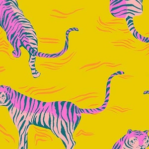 May include: A fabric featuring a repeating pattern of pink and teal striped tigers on a yellow backdrop. The tigers are depicted in different poses, with some partially visible. The fabric has a lively and colourful design. The text "RUBY STAR SOCIETY" is at the bottom.