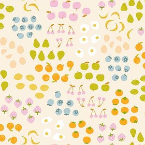 May include: Cream-coloured fabric featuring a repeating pattern of fruits and eggs. The design includes pink apples, yellow bananas, green pears, orange oranges, and blue blueberries. The text "RUBY STAR SOCIETY" is at the bottom.