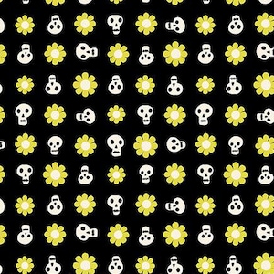 May include: A black fabric featuring a repeating pattern of white skulls and yellow flowers with white centers. A ruler at the bottom shows measurements in inches, with the text RUBY STAR SOCIETY printed repeatedly along the bottom edge.