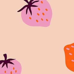 May include: A pink background with three stylised strawberries. The strawberries are pink with orange seeds and have dark purple stems.