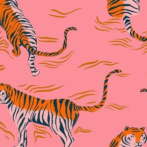 May include: A pink fabric with a repeating tiger pattern. The tigers are orange and navy blue striped, with a white underbelly. The background has orange wavy lines. The text "RUBY STAR SOCIETY" is at the bottom.