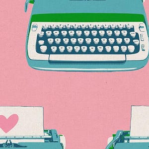 May include: Two vintage typewriters with blank paper and a heart shape on each page. The typewriters are blue and green with a pink background. The text on the ruler reads "RUBY STAR SOCIETY".