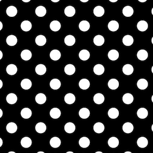 May include: A black fabric featuring a repeating pattern of solid white polka dots arranged in a grid. A white ruler is visible along the bottom edge, showing measurements in inches from 1 to 12, indicating the scale of the dot pattern.