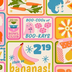 May include: A patterned fabric featuring colourful rectangular blocks with illustrations of carrots, a ghost with flowers, bananas, and a milk carton. Text includes "join our BOWL CLUB", "BOO-COOs of BOO-KAYS", "this is bananas!", and "219".
