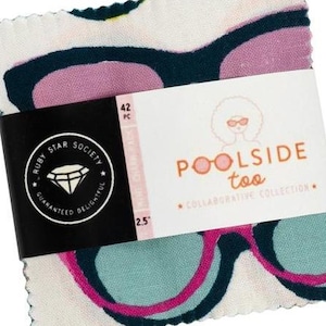 May include: A bundle of fabric squares from the Poolside Too collection by Ruby Star Society. The fabric has a repeating pattern of sunglasses in teal, pink, and navy blue on a white background. A black band with the Ruby Star Society logo wraps around the squares.