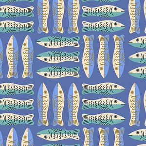May include: A repeating pattern of stylized fish in shades of blue, cream, and teal on a periwinkle background. The fish are arranged in rows, with some oriented vertically and others horizontally. The design is reminiscent of a nautical theme.