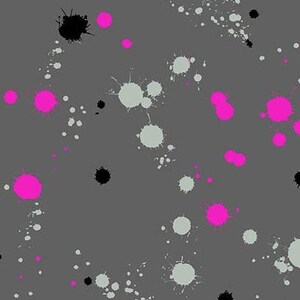 May include: Gray fabric with a repeating pattern of pink, black, and gray paint splatters.