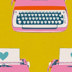 May include: A pink vintage typewriter against a yellow background. The typewriter has a heart-shaped paper holder with a teal heart on the left and a white heart on the right. The typewriter has a ruler with the text "RUBY STAR SOCIETY" printed on it.