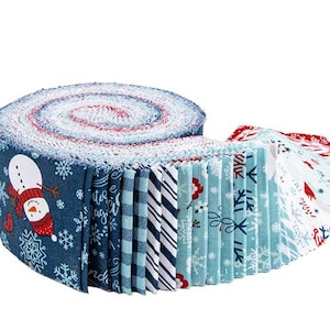 May include: A jelly roll fabric bundle featuring a variety of winter-themed patterns in shades of blue, white, and red. The fabric strips display designs including snowmen, snowflakes, plaid, and diagonal stripes, tightly coiled into a roll.