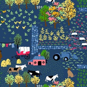 May include: A whimsical fabric design featuring a rural landscape with a navy blue background. The pattern includes illustrations of cows, sheep, trees, a red wagon, a tractor, and a pink house. The fabric has a repeating pattern with a ruler at the bottom.